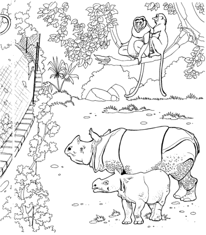 Sumatran Rhinos And Proboscis Monkeys In A Zoo Coloring Page